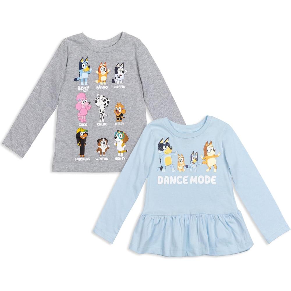 imageBluey Winton Snickers Honey Muffin Bandit Dad Chilli Mom Missy Chloe Coco Bingo Girls 2 Pack TShirts Toddler to Little KidBlue  Grey
