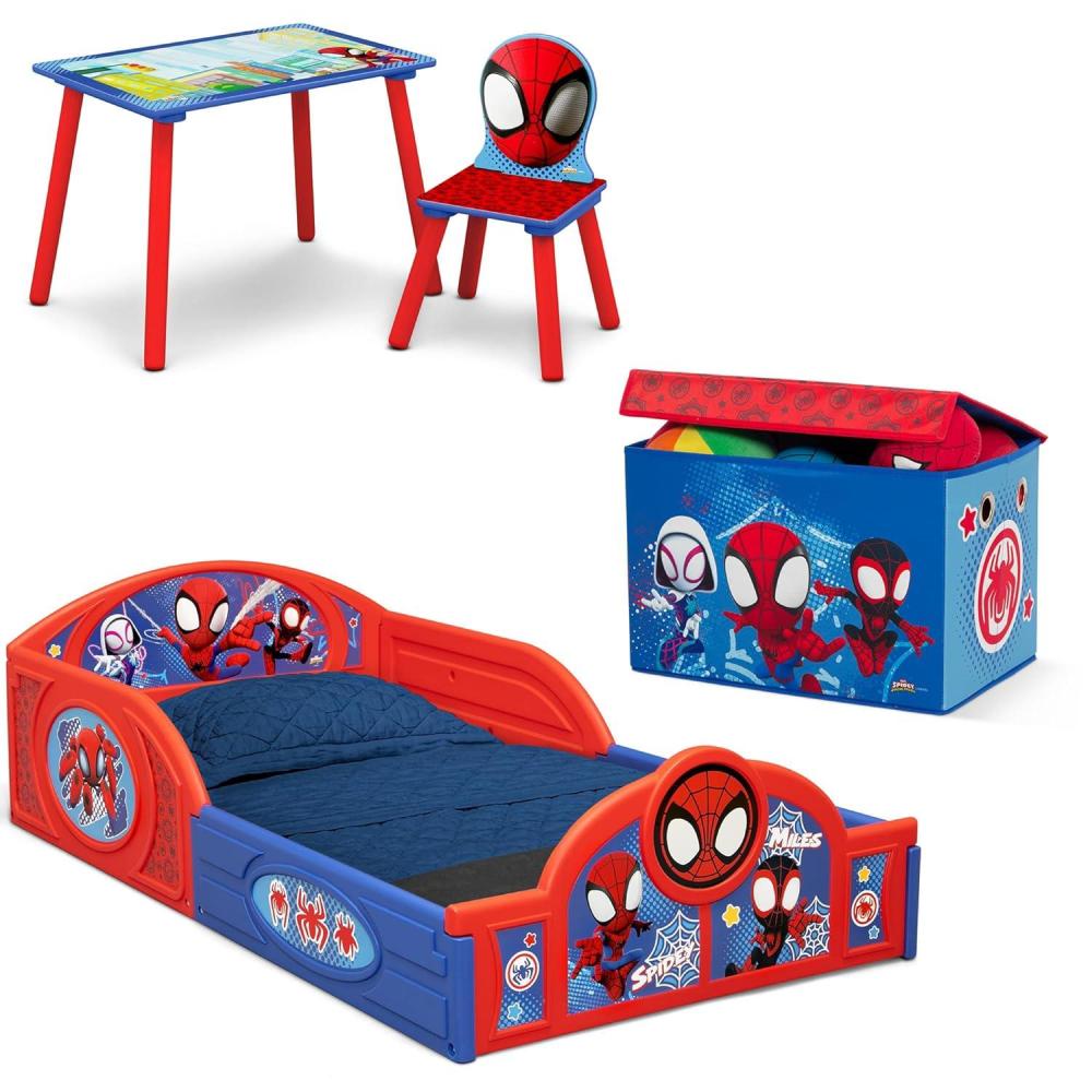 imageDelta Children Bluey 4Piece Toddler RoominaBox Set Includes Sleep and Play Toddler Bed Table 1 Chair and Fabric Toy Box BlueMarvel Spidey and His Amazing Friends