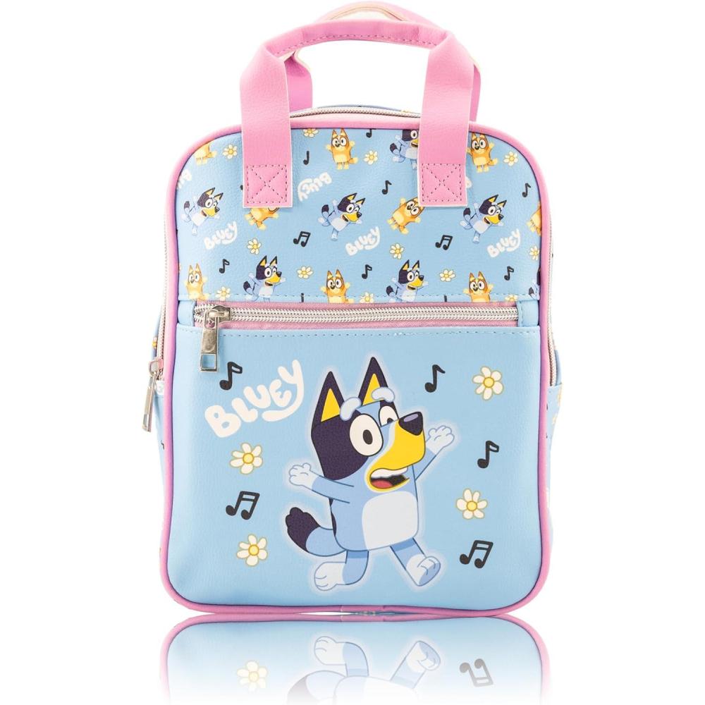 imageFast Forward Bluey Mini Backpack for Kids ampamp Adults 10quot PU Leather Bluey Backpack Purse Featuring Bluey Toddler Travel Bag Small Backpack Bookbag for School Travel or Everyday Use Ages 3Bluey Blue and Pink