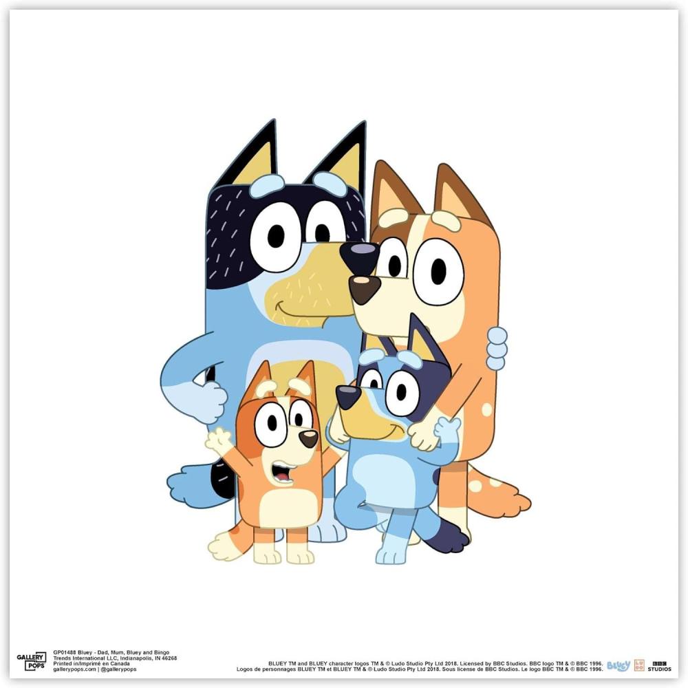 imageGallery Pops Bluey Dad Mum Bluey and Bingo Wall Art White Framed Version 12 x 12Unframed Version
