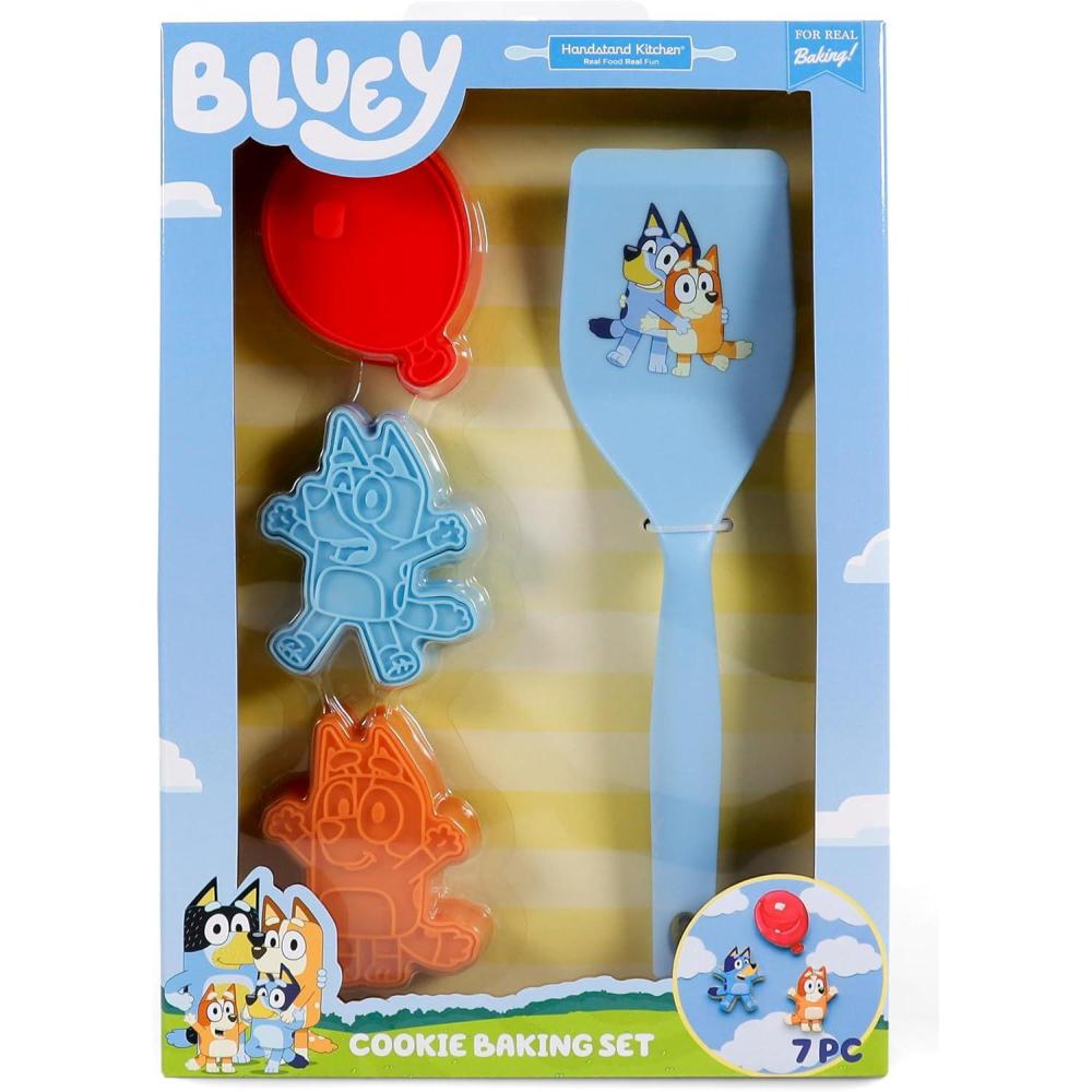 imageHandstand Kitchen Bluey Cookie Baking Set with Three Bluey Themed Cookie Stamp Cutters and Nylon Cookie Spatula