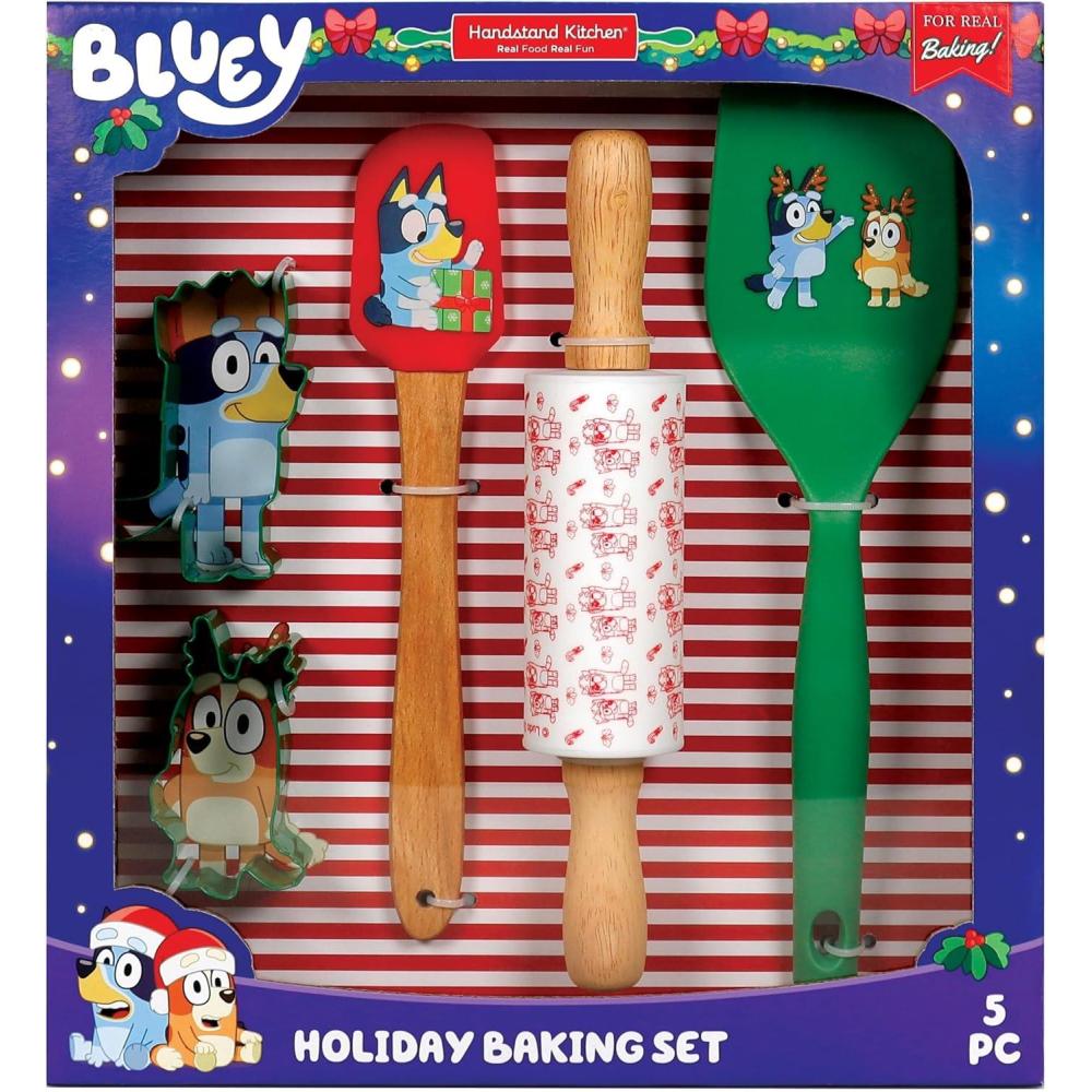 imageHandstand Kitchen Bluey Holiday Baking Set with Bluey and Bingo Cookie Cutters Rolling Pin Spatula and Flipper