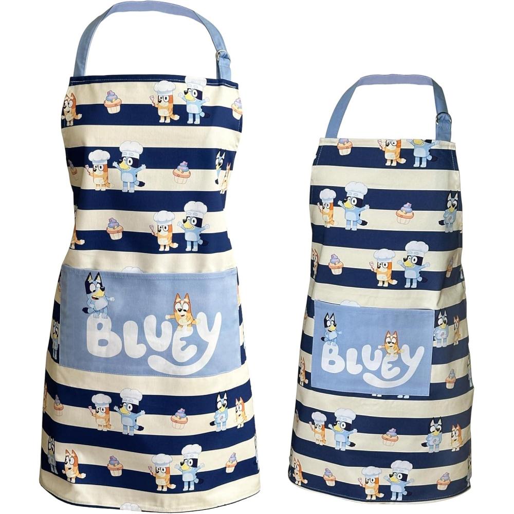 imageHandstand Kitchen Bluey and Bingo 100 Cotton Blue Stripe Print Patch Pocket Adult and Child Apron Set