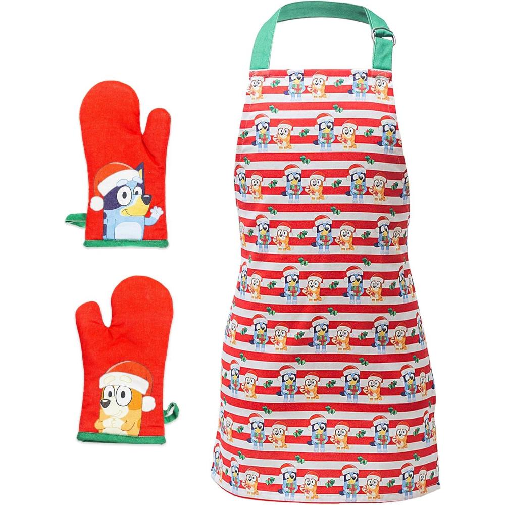 imageHandstand Kitchen Bluey and Bingo 100 Cotton Holiday Stripe Print Childs Apron and Oven Mitt Pair Set