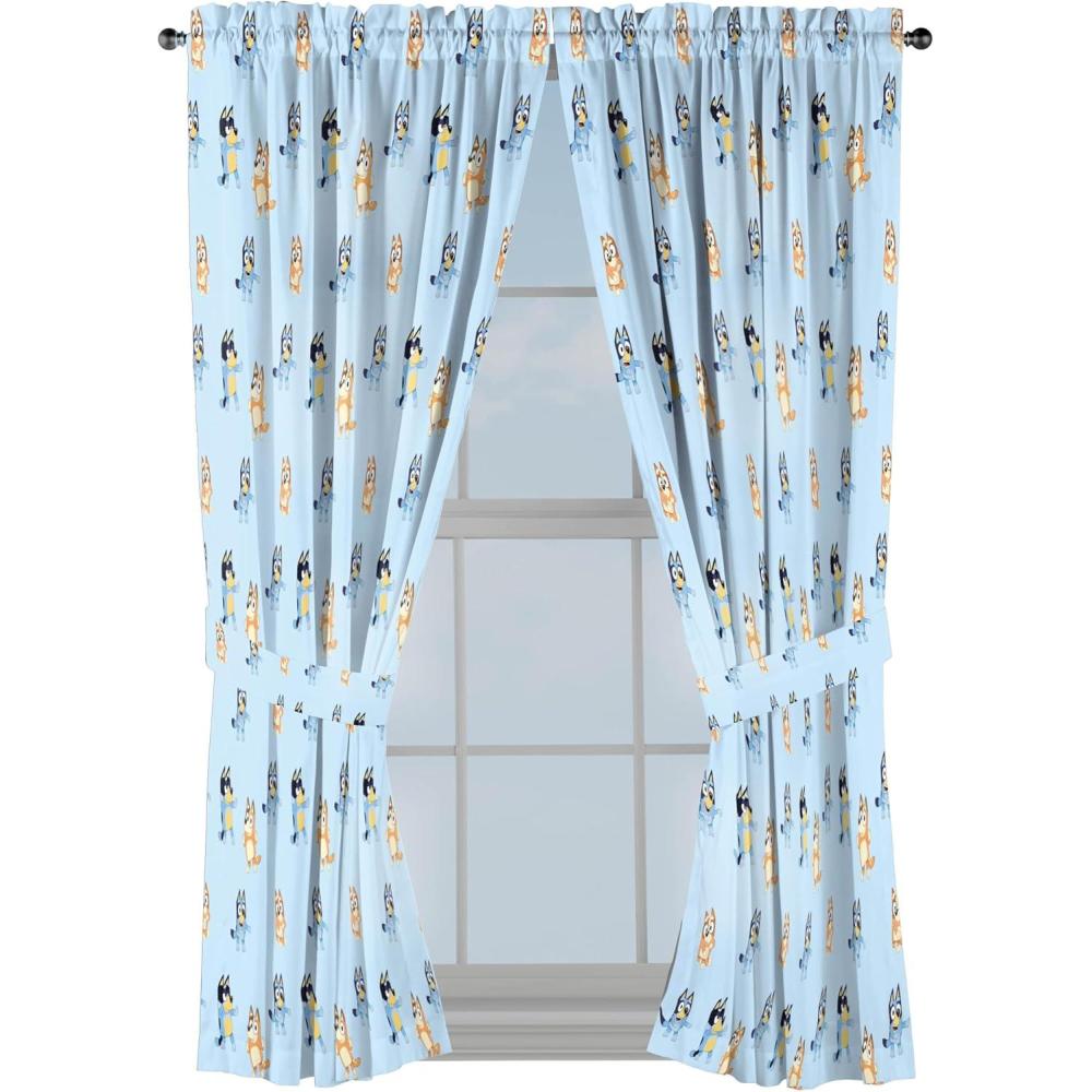 imageJay Franco Black Out Window Curtains for Kids Bedroom 4Piece Drape Set with 2 Tiebacks Blue Bluey 42quot W x 63quot L Pack of 2Blue Bluey
