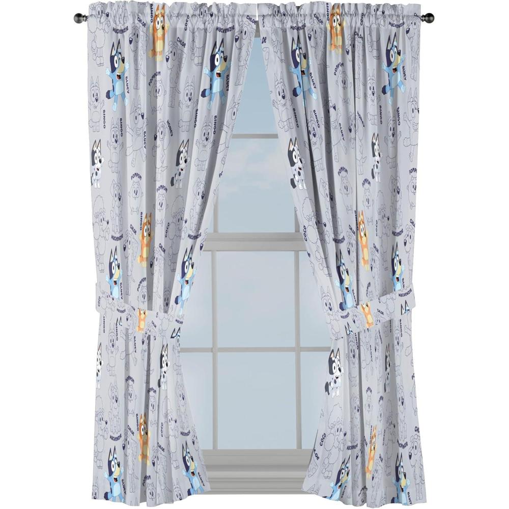 imageJay Franco Black Out Window Curtains for Kids Bedroom 4Piece Drape Set with 2 Tiebacks Blue Bluey 42quot W x 63quot L Pack of 2Grey Bluey