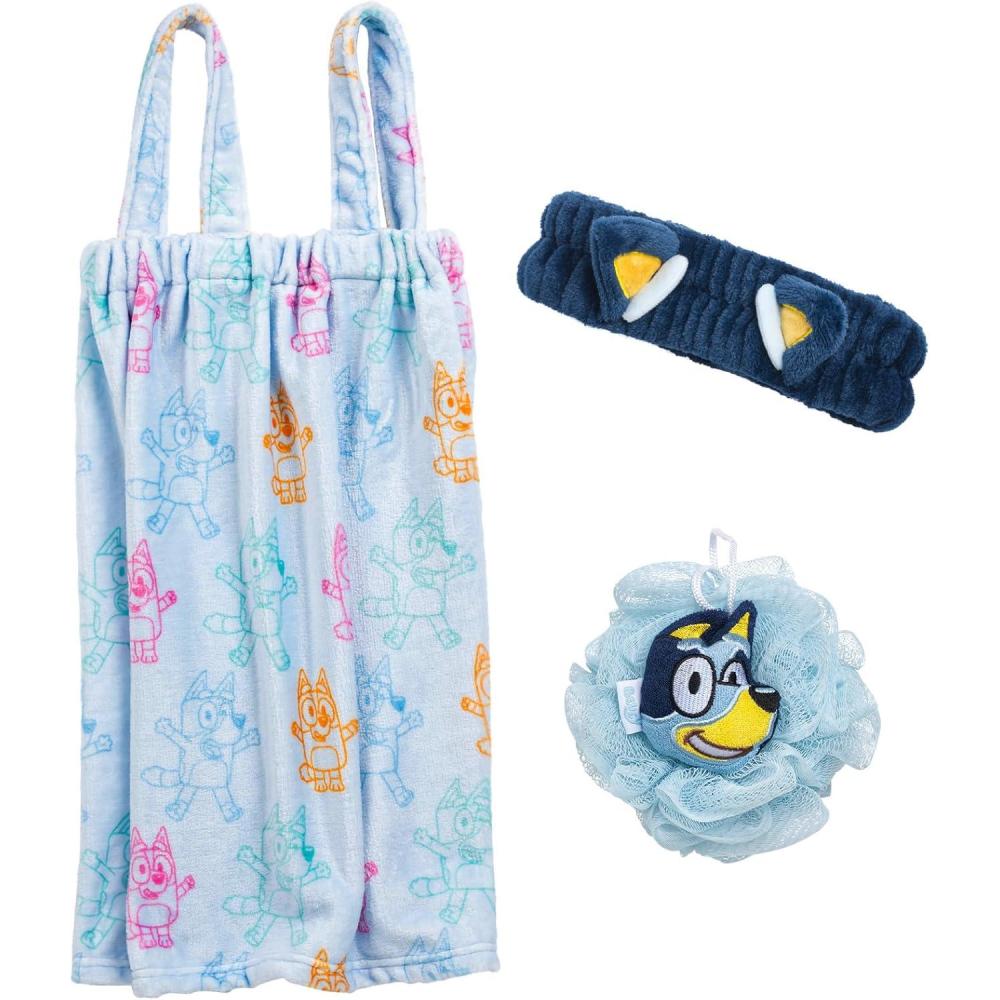 imageJay Franco Bluey 3 Piece Spa ampamp Bath Set Includes Towel Wrap Loofah ampamp Spa Headband Kids Bath ampamp Shower AccessoriesBlue Bluey