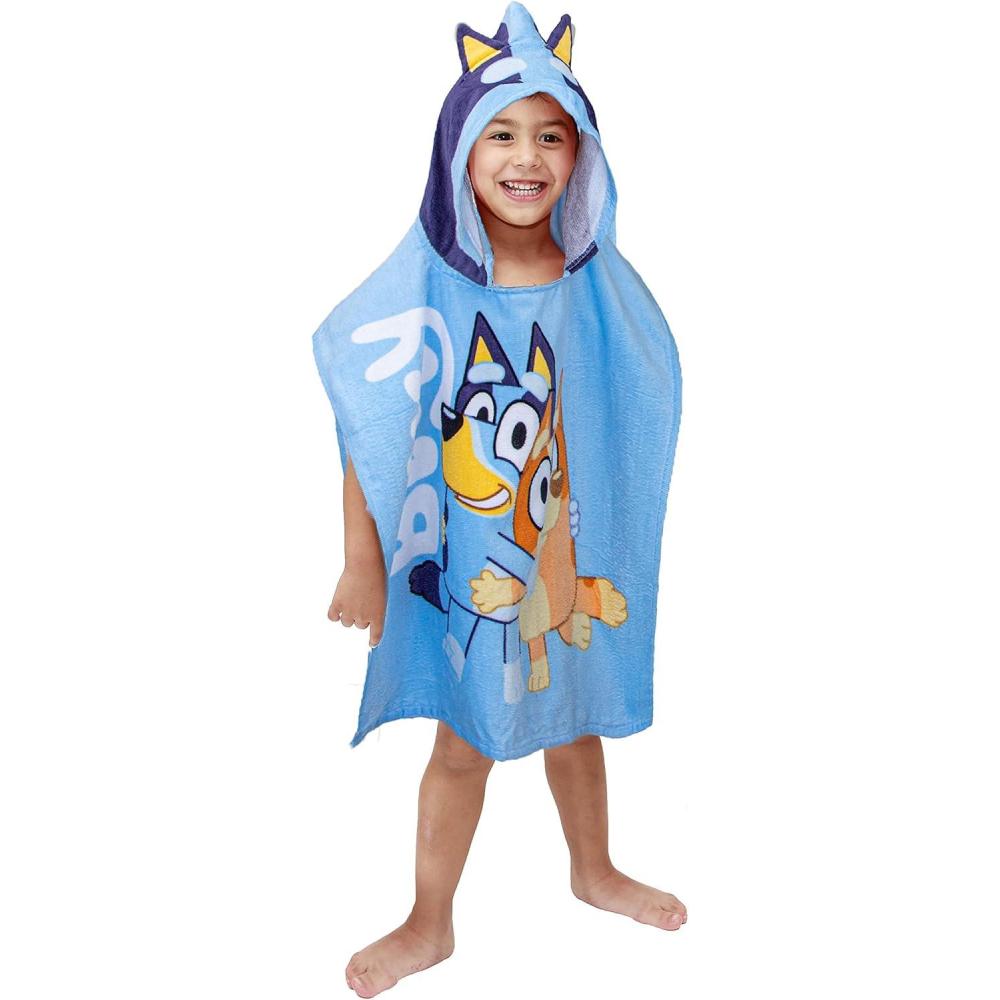 imageJay Franco Bluey Piggyback BathPoolBeach Hooded Poncho Super Soft ampamp Absorbent Cotton Towel Measures 22 x 22 Inches Official Bluey ProductBlue Bluey