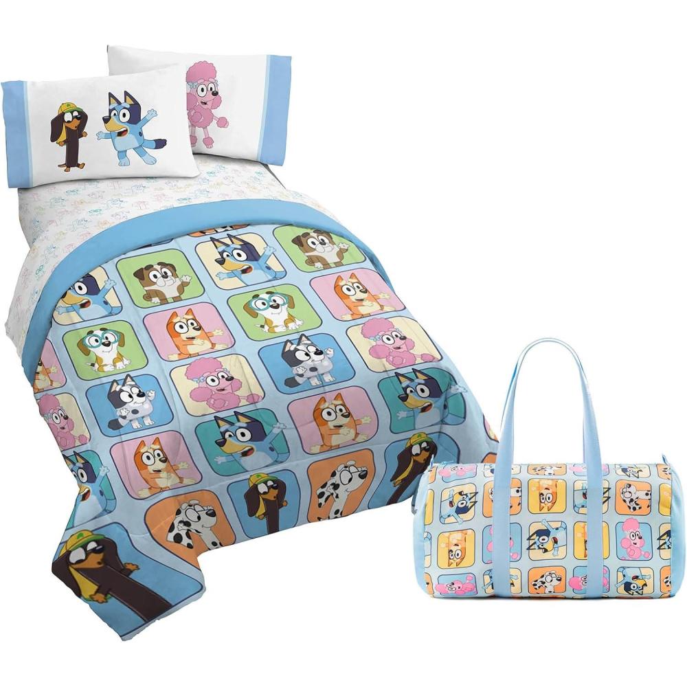 imageJay Franco Bluey Twin Size Comforter Set 4 Piece Bedding Includes Sheet Set Pillow Covers ampamp Bonus Duffle Bag Super Soft Kids Bedding with Bingo Muffin Coco ampamp SnickersMulti Bluey