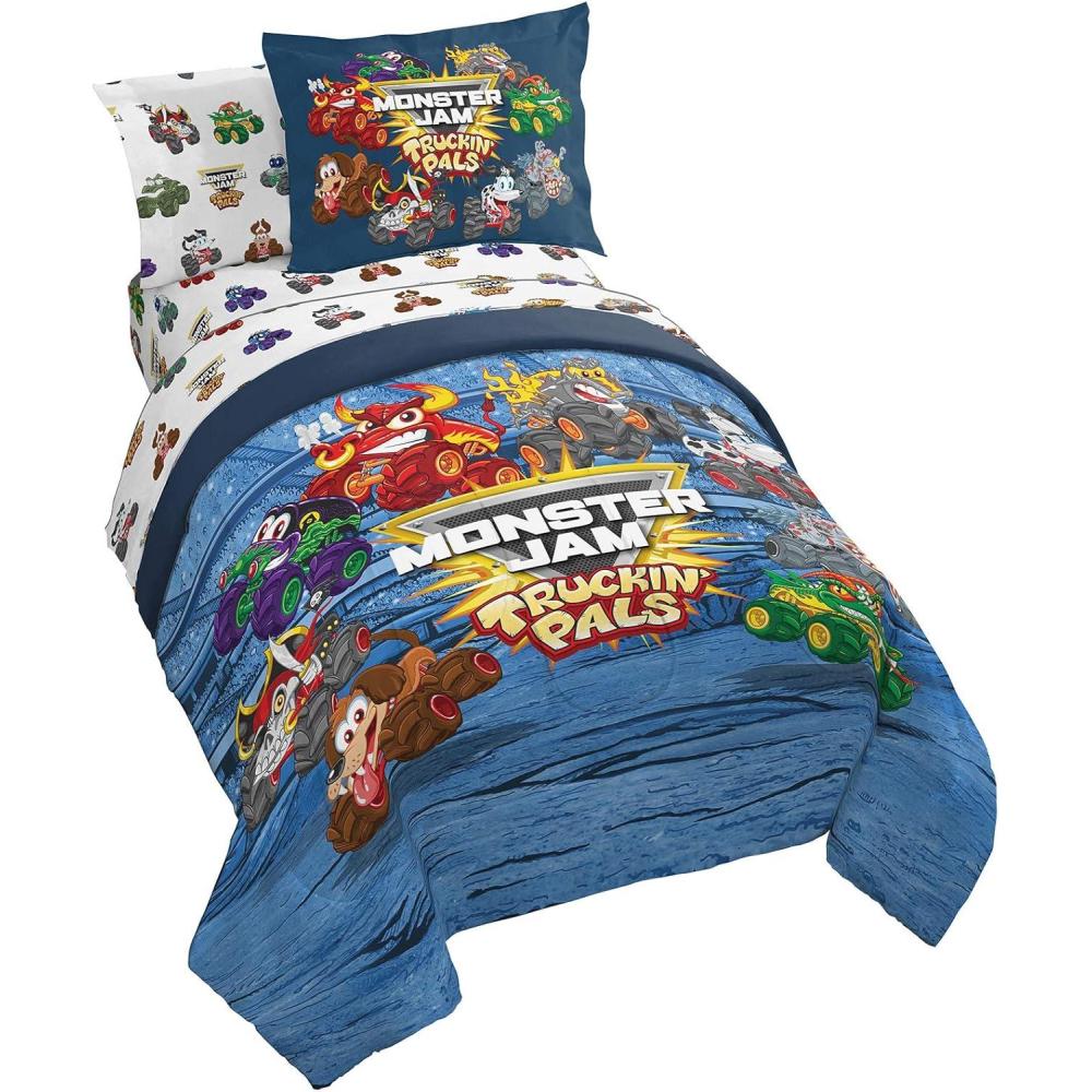 imageJay Franco Bluey ampamp Bingo Twin Comforter Set 5 Piece Bed Set Includes Sheet Set ampamp Pillow Covers Super Soft Clouds ampamp Stars Kids BeddingBlue Monster Jam