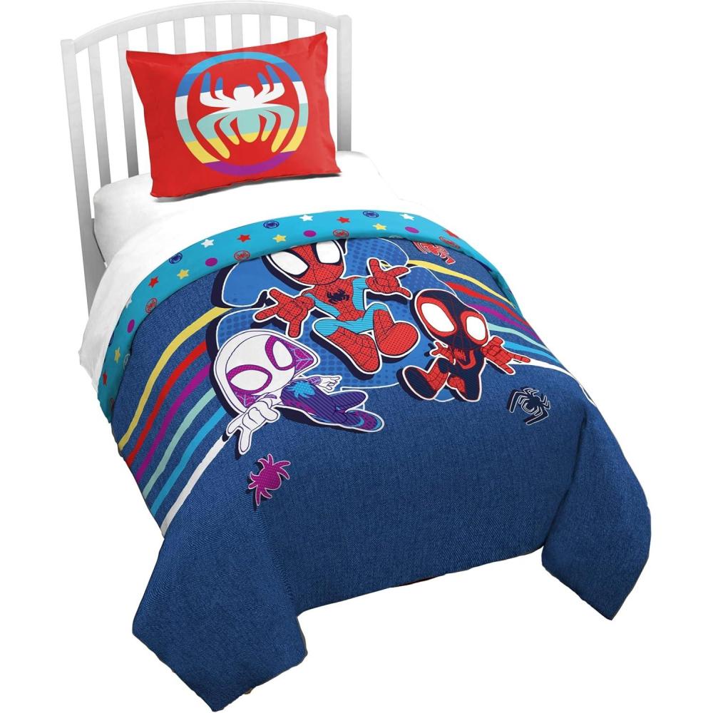 imageJay Franco Kids Duvet Cover Set 3 Piece Super Soft Bedding with Sham Pillowcase Cover ONLY Comforter Not Included Multi Bluey QueenBlue Spidey Friends