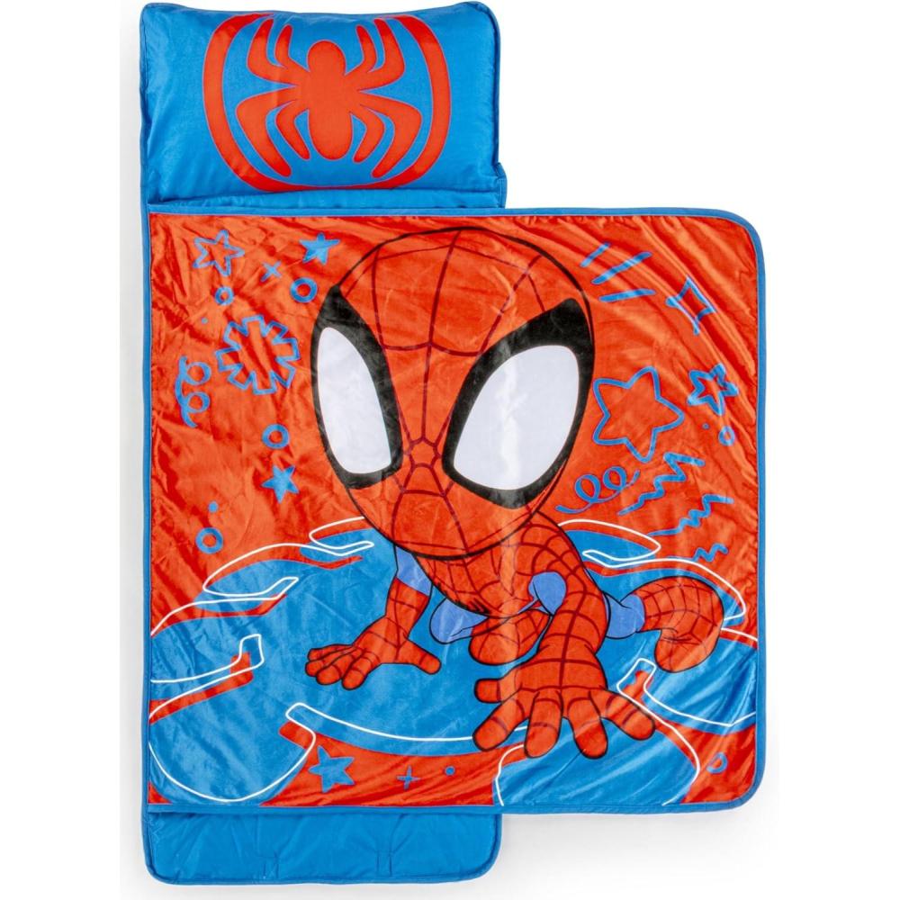 imageJay Franco Kids Nap Mat with Embedded Pillow ampamp Blanket Soft 46quotx20quot Microfiber Sleeping Bag with Name Tag ampamp Handle for School Travel Sleepover Blue BlueyRed Spidey
