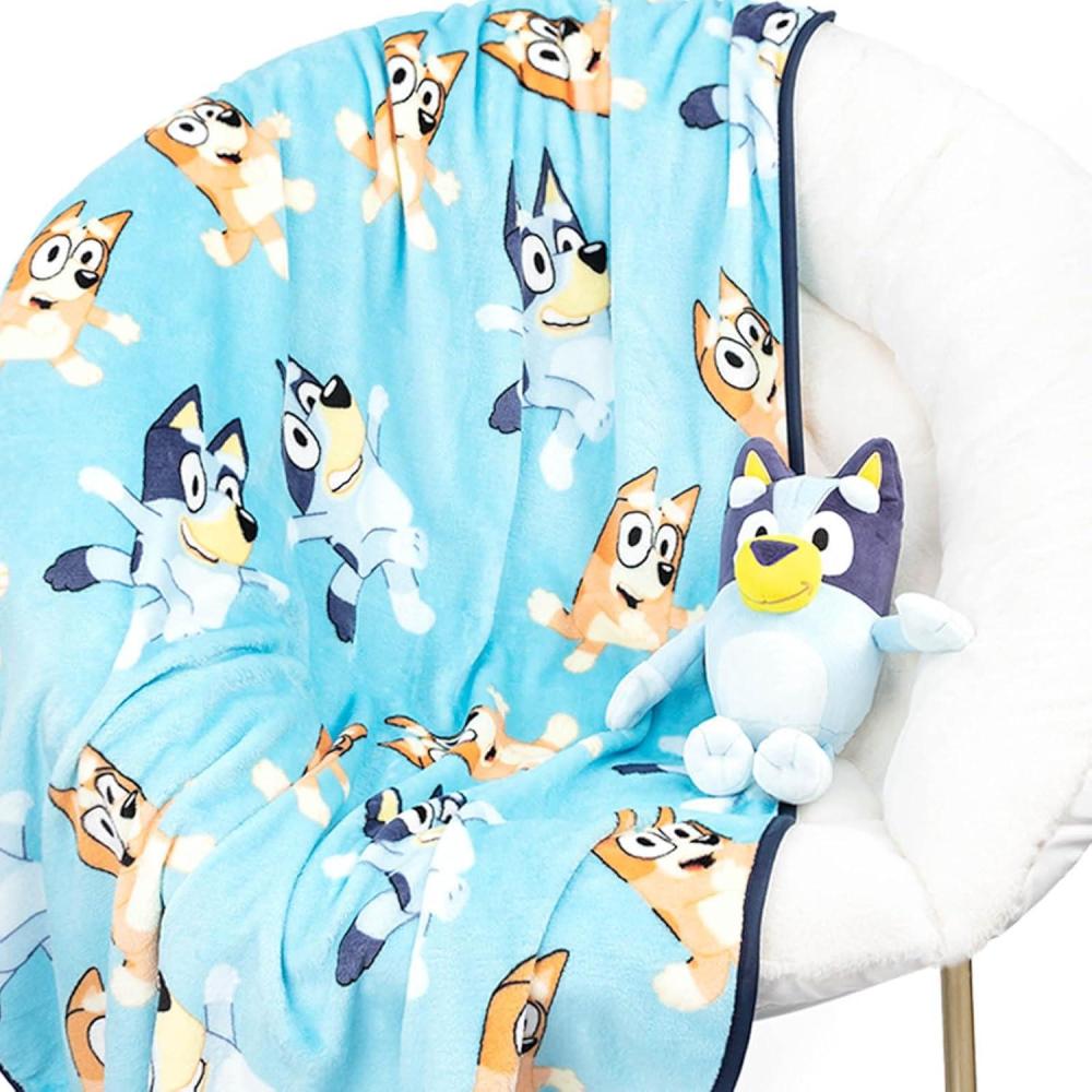 imageJay Franco Kids Plush Mini Pillow Buddy ampamp 40 x 50 Inch Travel Throw Set Kids Super Soft 2 Piece Cuddle Blanket Set BlueyBlue Bluey