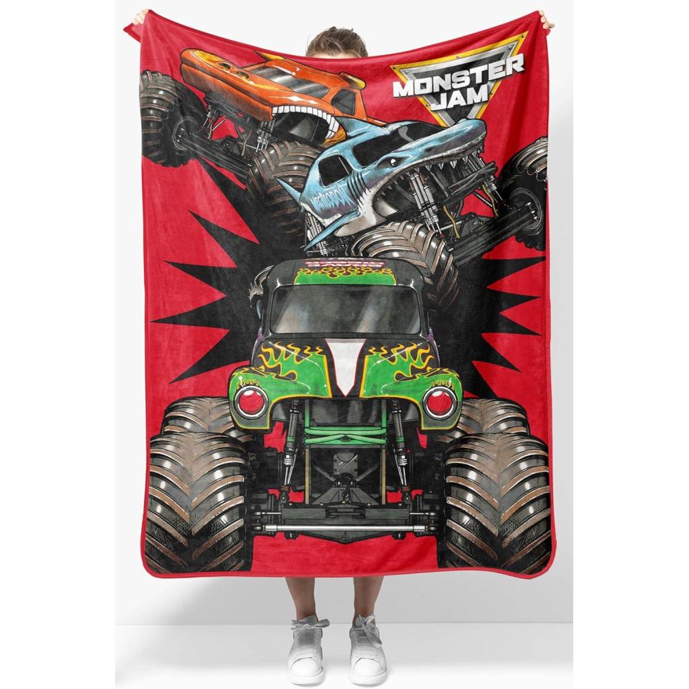 imageJay Franco Kids Plush Throw Blanket Soft ampamp Comfy Throw for Couch or Bed Cozy Home Dcor for Living Room ampamp Bedroom Blue Bluey 46x60 Throw BlanketRed Monster Jam