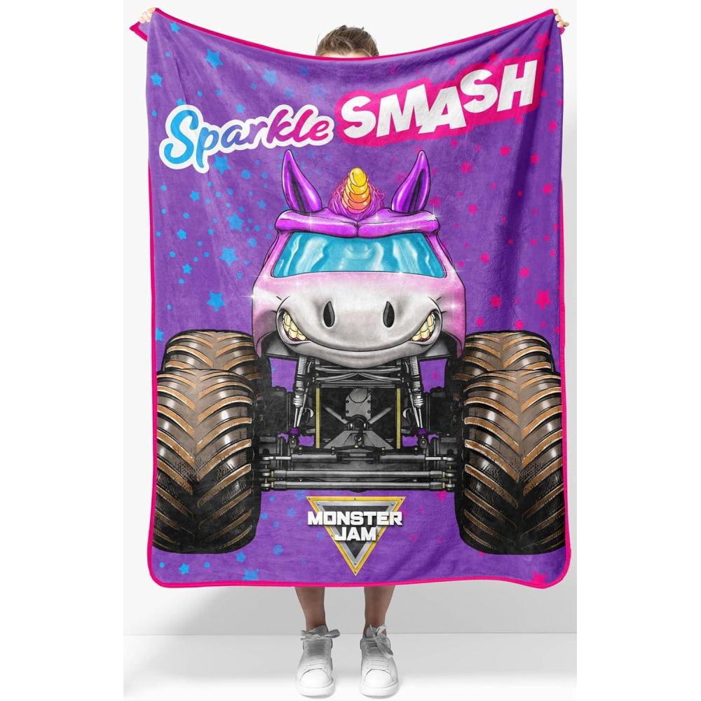 imageJay Franco Kids Plush Throw Blanket Soft ampamp Comfy Throw for Couch or Bed Cozy Home Dcor for Living Room ampamp Bedroom Blue Bluey 46x60 Throw BlanketPurple Monster Jam