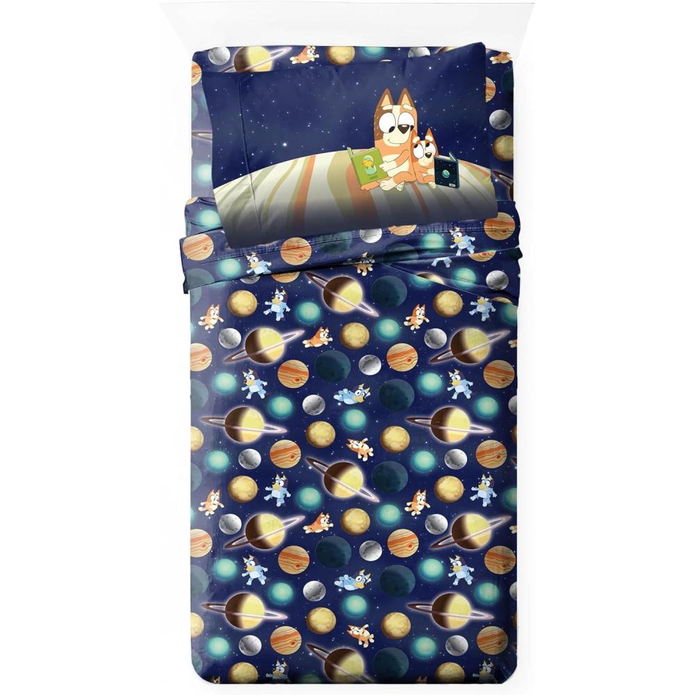 imageJay Franco Kids Sheet Set with Fitted Flat Sheets ampamp Pillow Cover  UltraSoft Bedding with Pillowcase for Room Decor Blue  Bluey ampamp Bingo 3 Piece ToddlerBlue  Bluey  Bingo