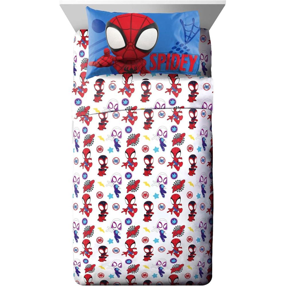 imageJay Franco Kids Sheet Set with Fitted Flat Sheets ampamp Pillow Cover UltraSoft Bedding with Pillowcase for Room Decor White Bluey 4 Piece FullWhite Spidey Friends