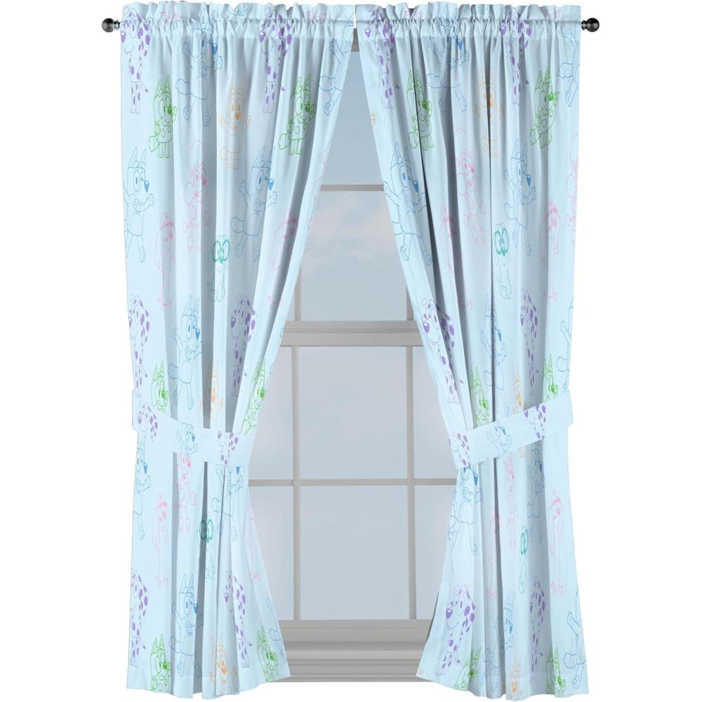 imageJay Franco Window Curtains for Kids Bedroom 4Piece Drape Set with 2 Tiebacks Grey Bluey 42quot W x 63quot L Pack of 2Blue Bluey