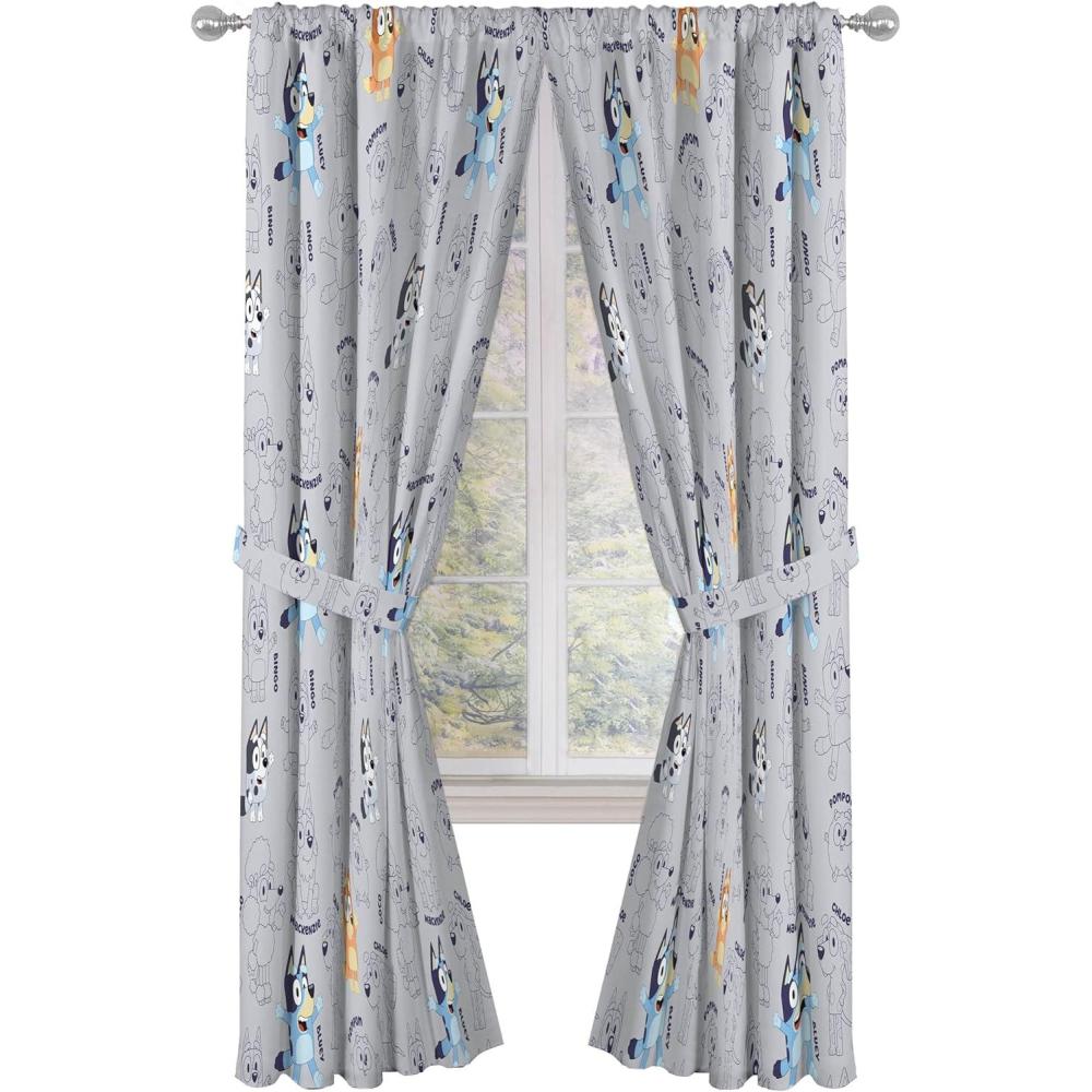 imageJay Franco Window Curtains for Kids Bedroom 4Piece Drape Set with 2 Tiebacks Grey Bluey 42quot W x 63quot L Pack of 2Grey Bluey