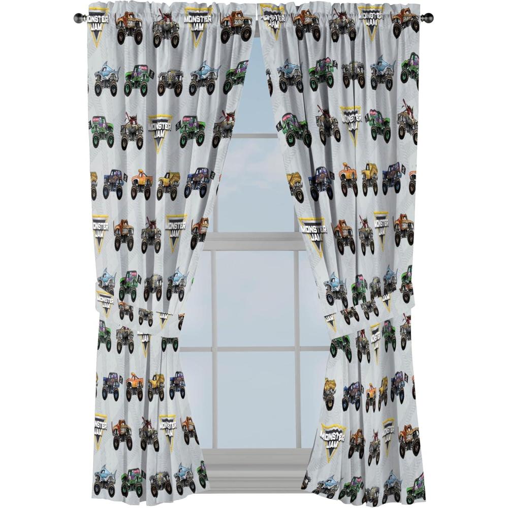 imageJay Franco Window Curtains for Kids Bedroom 4Piece Drape Set with 2 Tiebacks Grey Bluey 42quot W x 63quot L Pack of 2Grey Monster Jam