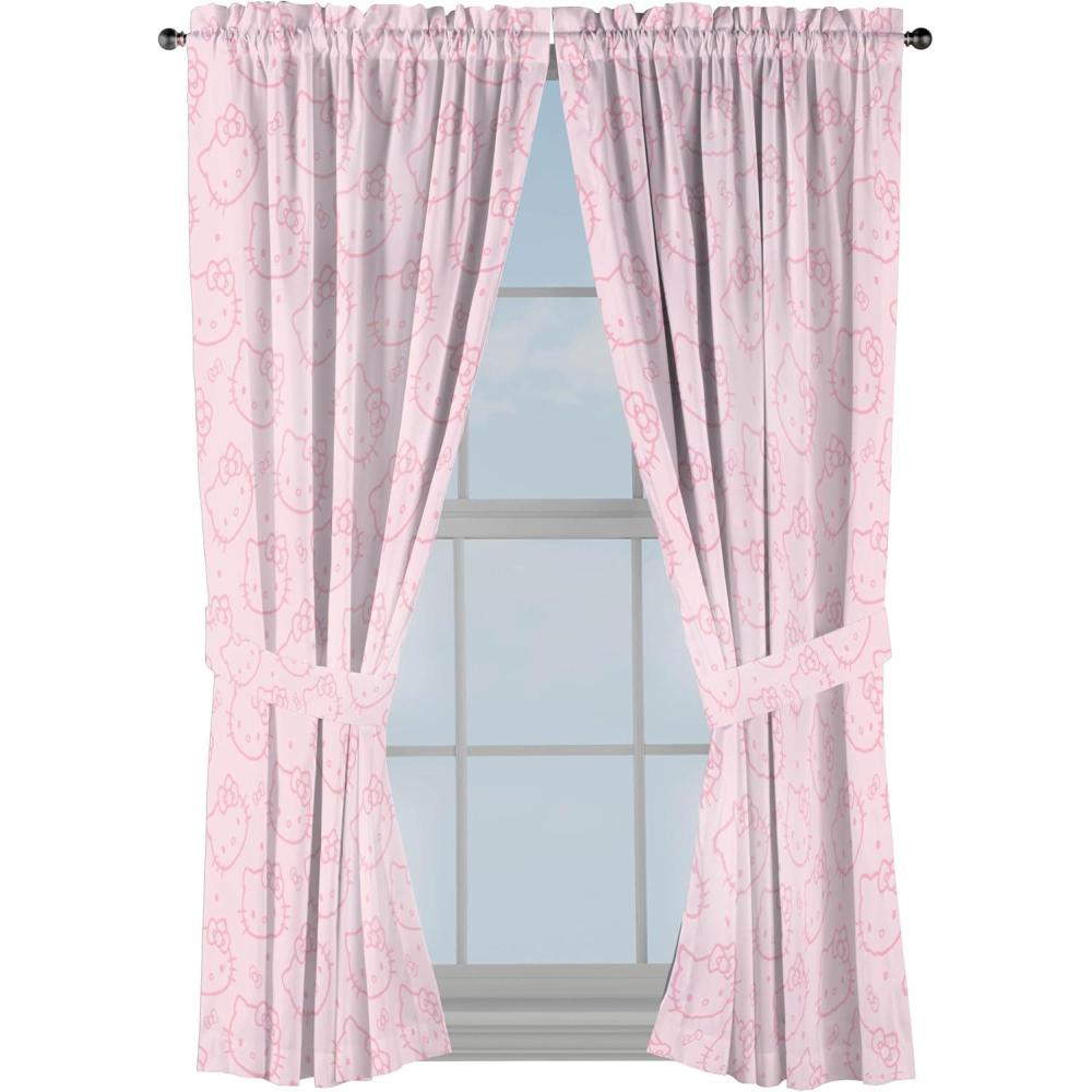 imageJay Franco Window Curtains for Kids Bedroom 4Piece Drape Set with 2 Tiebacks Grey Bluey 42quot W x 63quot L Pack of 2Pink Hello Kitty
