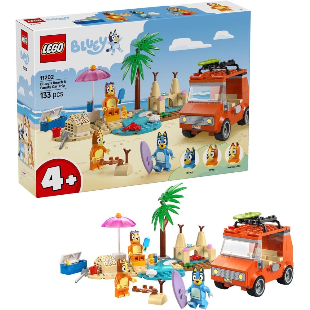 imageLEGO Bluey Blueys Beach ampamp Family Car Trip  Toddler Learning Toy for Kids 4  Includes Bluey Bingo and Mum Minifigures  Birthday Gift for Boys and Girls Ages 4  11202