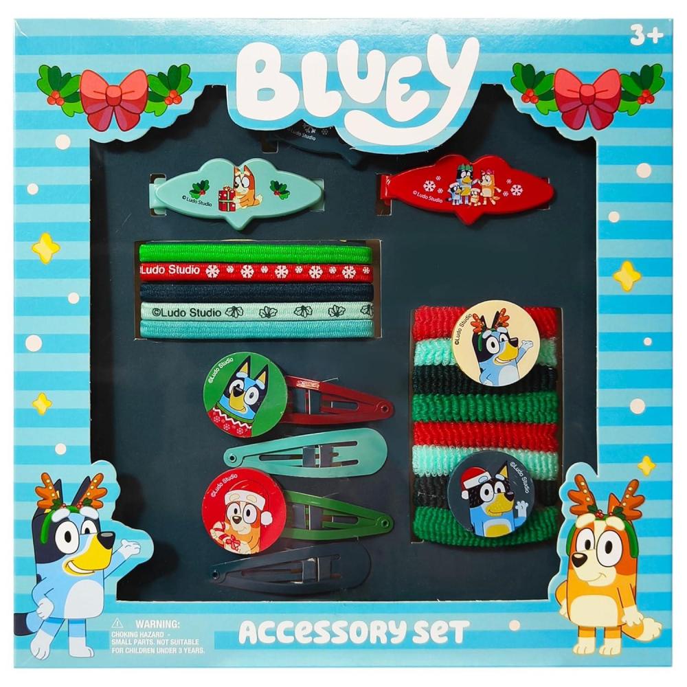 imageLuv Her Girls Hair Accessories Set 20 Pack Featuring Christmas Bluey Includes 3 Barrettes 4 Snap Clips 5 Elastics 8 Terry Ponies Everyday Wear Special Occasions Ages 3
