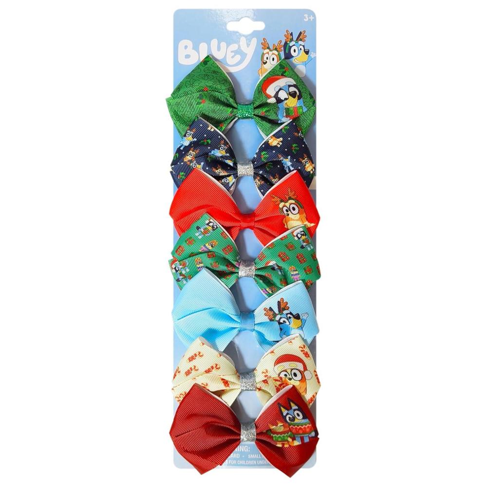 imageLuv Her Licensed Bluey Girls Hair Bows for Girls Hair Accessories Gift Set 7 Pcs 4 Inch Bundle Bluey Christmas Hair clips Alligator Clip Ages 3