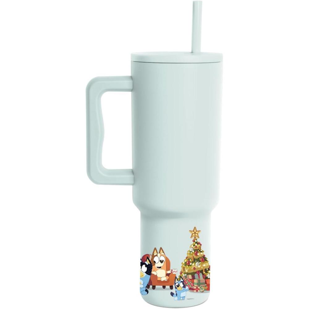imageSimple Modern Holiday Bluey 40 oz Trek Tumbler with Handle and Straw Lid Cup Holder Friendly Insulated Stainless Steel Travel Mug Bluey Christmas MorningBluey Christmas Morning