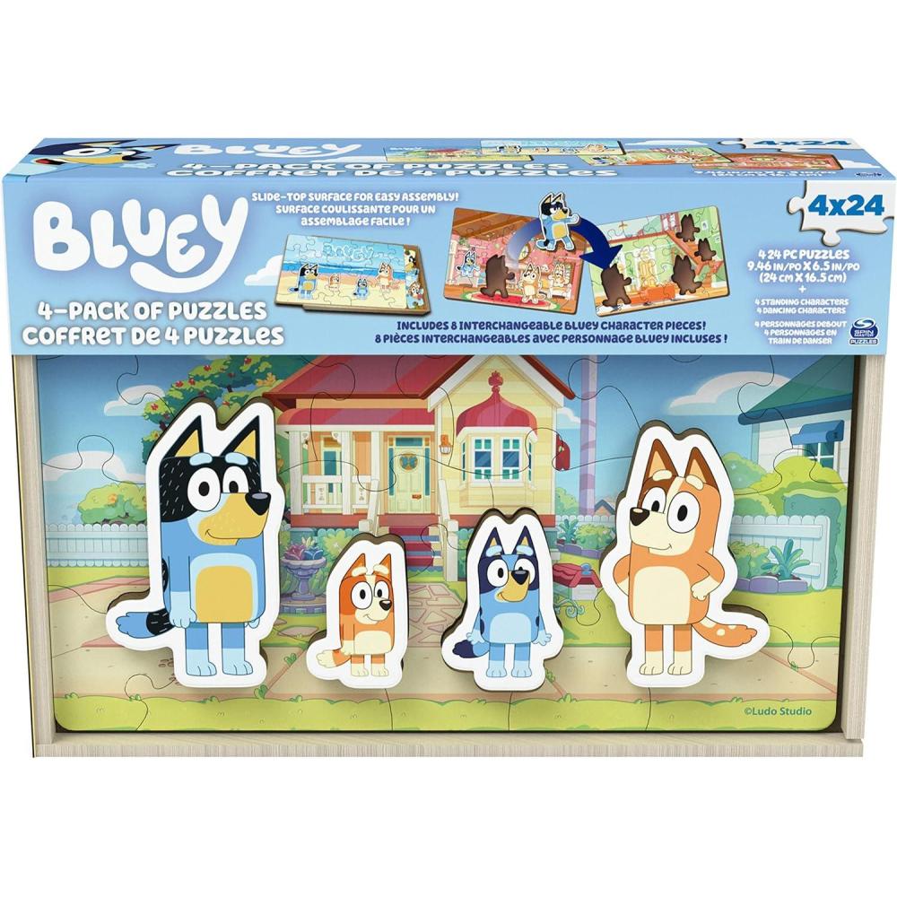 imageSpin Master Games Bluey Puzzles 4Pack Wooden Jigsaw Puzzles for Preschoolers 24 Pieces Each Interchangeable Pieces Bluey Birthday Gifts for Kids Ages 3 ampamp Up
