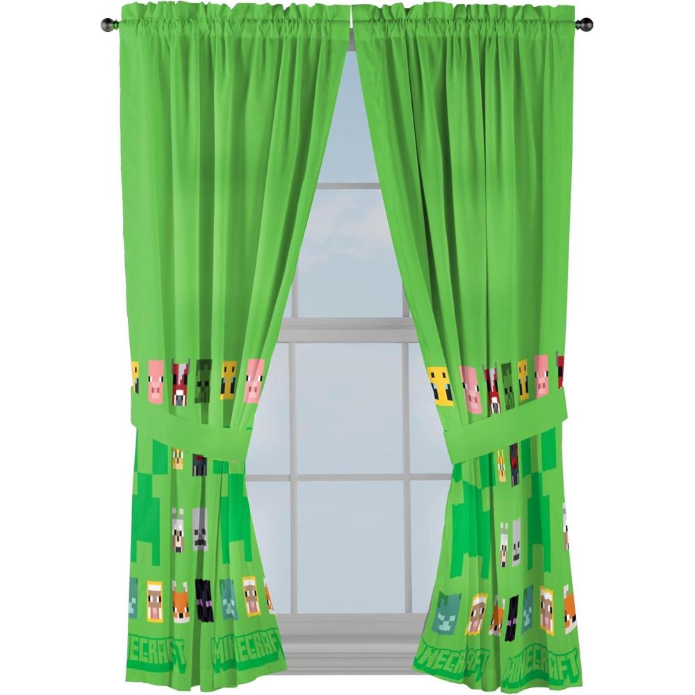 imageSunny Side Up Window Curtains for Kids Bedroom 4Piece Drape Set with 2 Tiebacks Teal Bluey 42quot W x 63quot L Pack of 2Green Minecraft