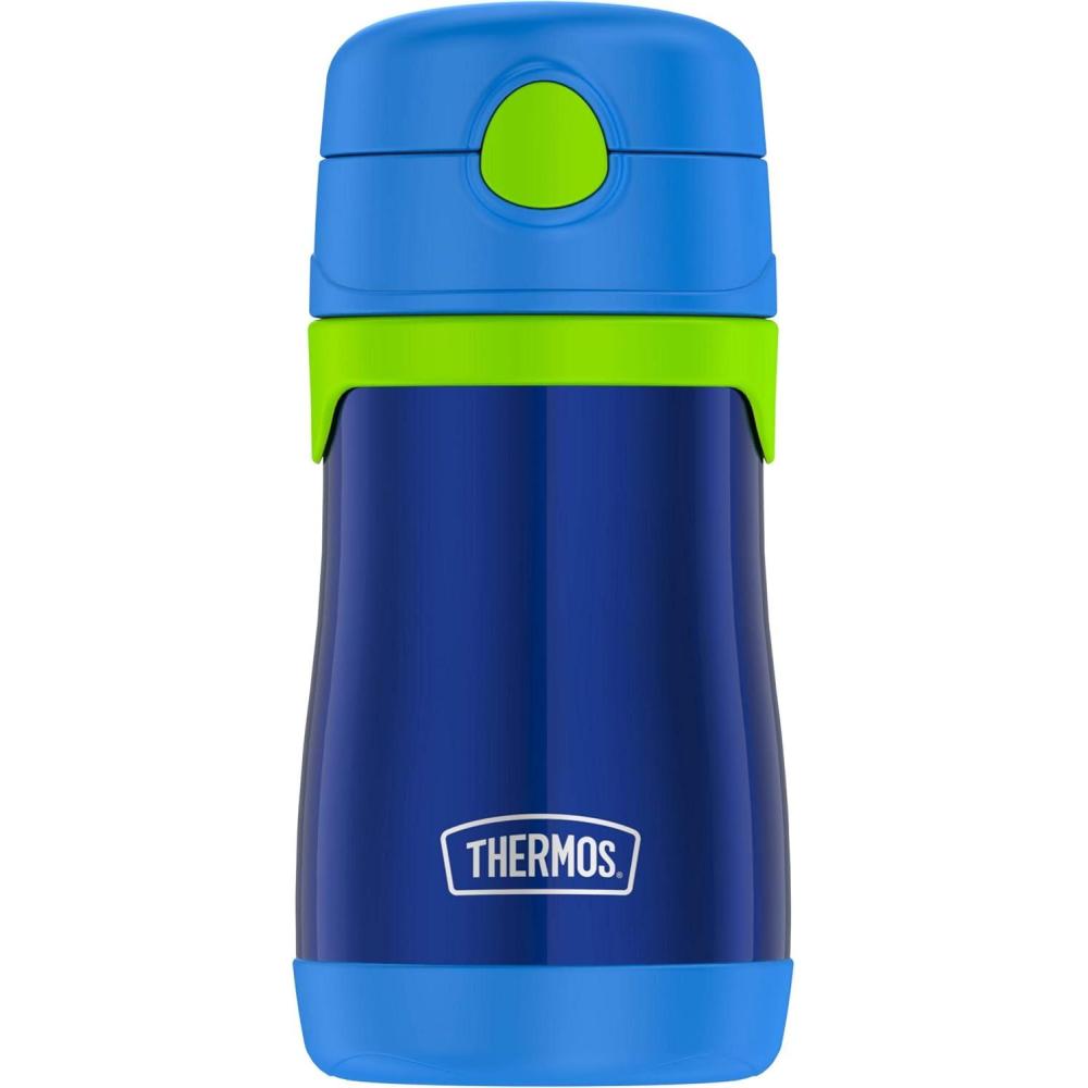 imageThermos Baby 10 oz Stainless Steel Bottle with popup straw BlueyNavy with Lime