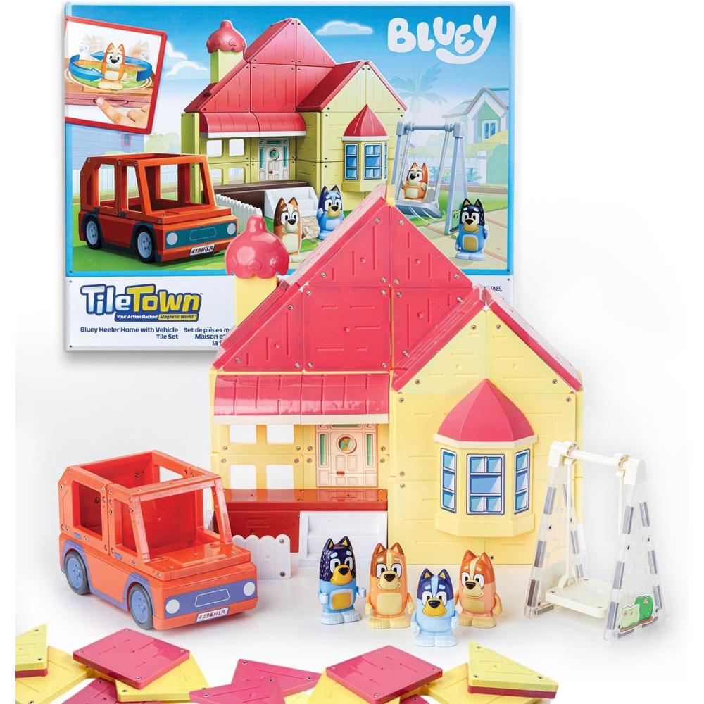 imageTile Town Bluey Heeler Family Home 52Piece Magnetic Tile Playset Interactive STEM Magnetic Tiles Toys Includes Bluey ampamp Bingo Figures Action TilesHeeler Home with Vehicle