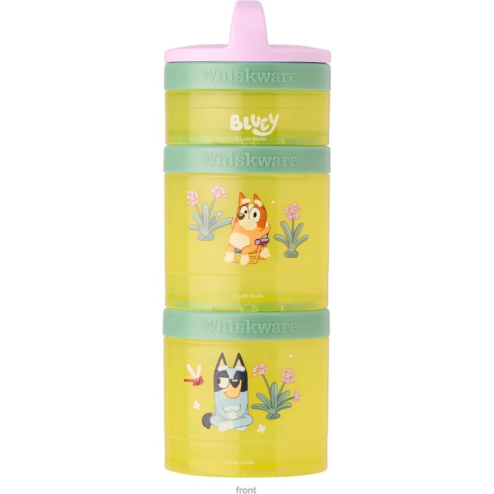 imageWhiskware Bluey Stackable Snack Containers for Babies Toddlers and Kids 3 Stackable Snack Cups for School and Travel Cupholder Friendly Bluey and Bingo Lets Do ThisPurpleGreenYellow