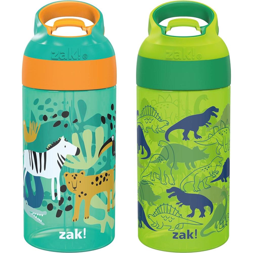 imageZak Designs 175 oz Riverside Bluey Kids Water Bottle with Straw and Built in Carrying Loop Made of Durable Plastic LeakProof Design for Travel 2PK SetDino Camo Safari