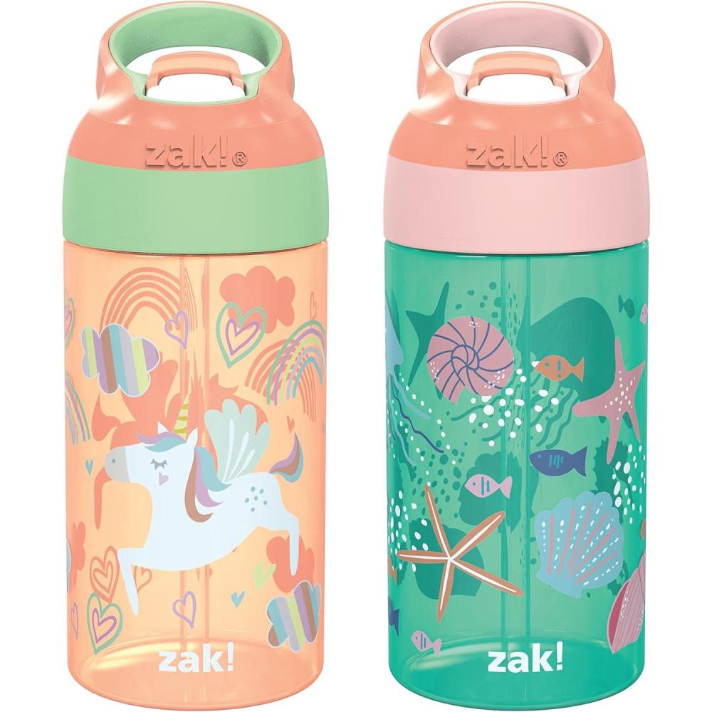 imageZak Designs 175 oz Riverside Bluey Kids Water Bottle with Straw and Built in Carrying Loop Made of Durable Plastic LeakProof Design for Travel 2PK SetUnicorn Shells