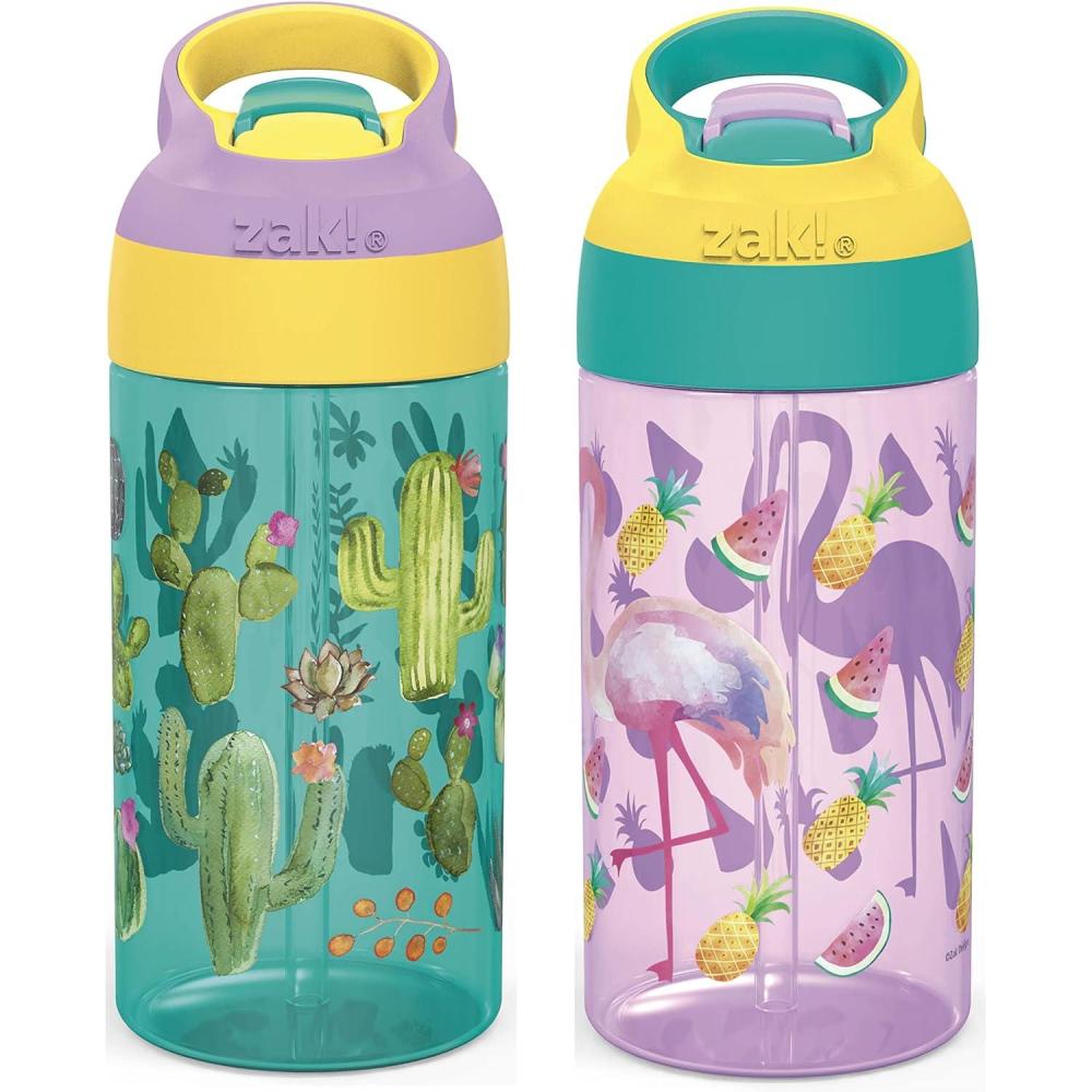 imageZak Designs 175 oz Riverside Bluey Kids Water Bottle with Straw and Built in Carrying Loop Made of Durable Plastic LeakProof Design for Travel 2PK SetCactusFlamingo Pineapple