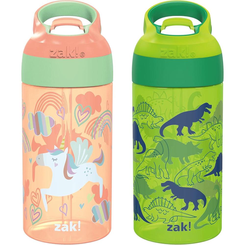 imageZak Designs 175 oz Riverside Bluey Kids Water Bottle with Straw and Built in Carrying Loop Made of Durable Plastic LeakProof Design for Travel 2PK SetUnicorn Dino Camo