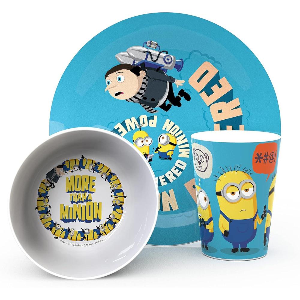 imageZak Designs Bluey Kids Dinnerware Gift Set Includes Plate Bowl Tumbler Water Bottle and Utensil Tableware Made of Durable Material and Perfect for Kids 6 Piece Gift Set BPAFreeMinionsGru 3pcs