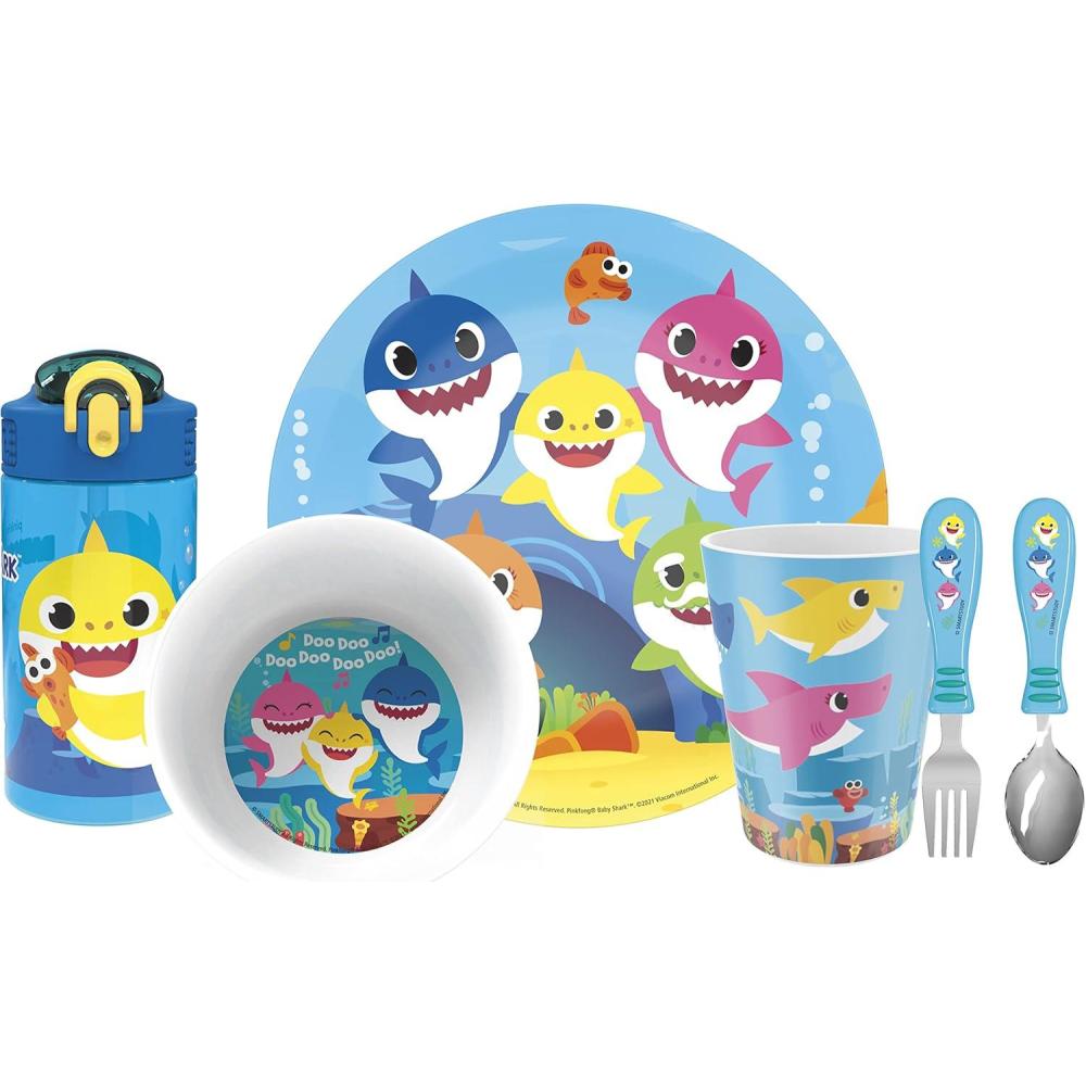 imageZak Designs Bluey Kids Dinnerware Gift Set Includes Plate Bowl Tumbler Water Bottle and Utensil Tableware Made of Durable Material and Perfect for Kids 6 Piece Gift Set BPAFreeBaby Shark 6pcs