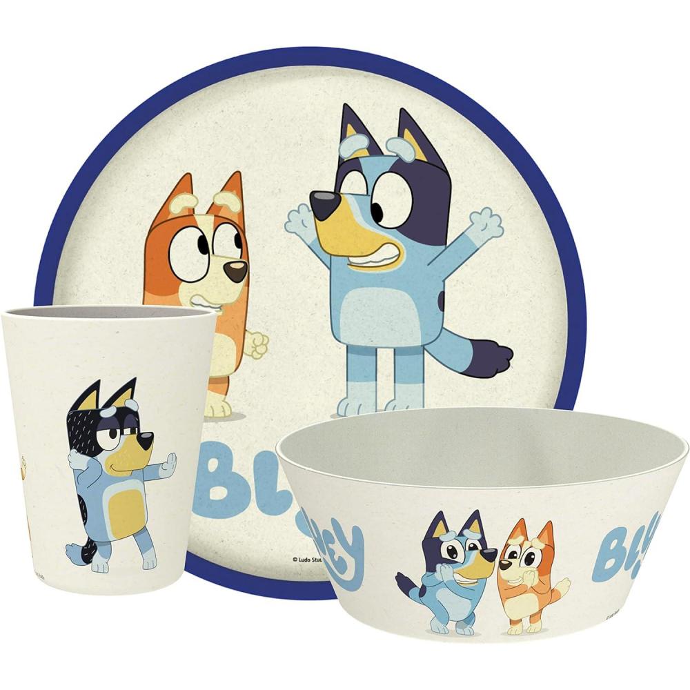 imageZak Designs Bluey Kids Dinnerware Set 3 Pieces Durable and Sustainable Melamine Bamboo Plate Bowl and Tumbler are Perfect For Dinner Time With Family Bluey Bingo Bandit ChilliBluey