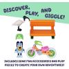 Vehicle & Figures Toy Bicycle Playset, Articulated Bluey Figure with Park Bench Accessory and Bin Chicken Figurine, Immersive Bike Toy for Kids Age 3+
