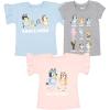 Bluey Girls 3 Pack T-Shirts Toddler to Big Kid Sizes (2T – 10-12)(Blue / Grey / Pink)