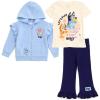 Bluey Girls Fleece Drop Shoulder Zip Up Hoodie, Ribbed T-Shirt & Pants 3 Piece Outfit Toddler to Big Kid Sizes (2T – 10-12)(Blue / Beige)