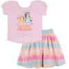 Bluey Girls Square Neck T-Shirt and Smocked Skirt Toddler to Big Kid Sizes (2T – 10-12)(Pink / Orange  Hearts)