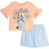 Bluey Girls T-Shirt and Chambray Shorts Outfit Set Toddler to Big Kid Sizes (2T – 10-12)(Peachy Pink / Blue)