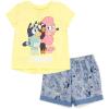 Bluey Girls T-Shirt and Chambray Shorts Outfit Set Toddler to Big Kid Sizes (2T – 10-12)(Yellow / Blue)