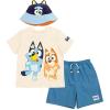 Bluey T-Shirt Chambray Shorts and Twill Bucket Sun Hat 3 Piece Outfit Set Toddler to Big Kid(Blue / Orange)