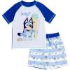 Bluey UPF 50+ Pullover Rash Guard and Swim Trunks Outfit Set Infant to Little Kid Sizes (12 Months – 7-8)(Blue / White)