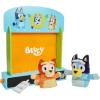 Bluey Wooden Puppet Theater for Kids Playset, 20″ Kids Pretend Stage Puppets, Interchangeable Fabric Backdrops & Roll-Down Curtain(Puppet Theater)